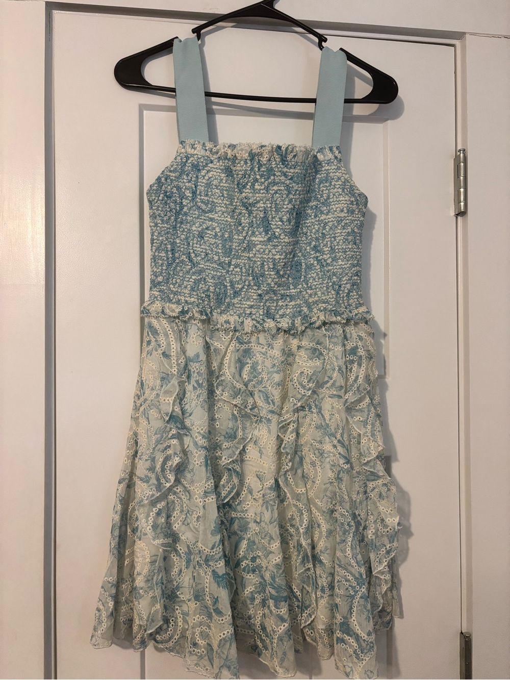 Alice + Olivia Light Blue Smocked Sundress with Lace Overlay